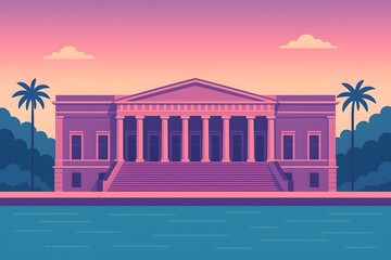 Digital artwork of Chhatrapati Shivaji Maharaj Vastu Sangrahalaya (formerly Prince of Wales Museum), set against pastel skies and palm trees.
