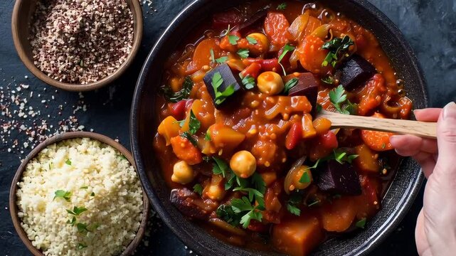 A bowl of stew with vegetables and beans sits on a table next to two bowls of rice. The stew is garnished with parsley and has a rich, hearty appearance