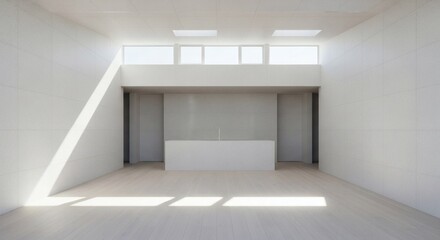 Sunlit modern interior with white tiled walls and light wood floor