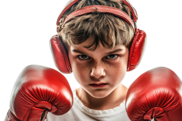 Intense Young Boy in Red Boxing Gloves and Headphones Preparing for a Fight with Determination and Focus in a Training Environment