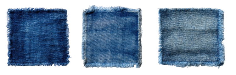 Three square swatches of indigo-dyed denim, each with a frayed edge