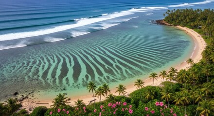 Tropical beach with palm trees and waves