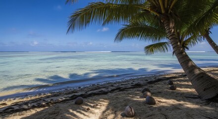 Tropical beach with palm trees coconuts and clear blue ocean