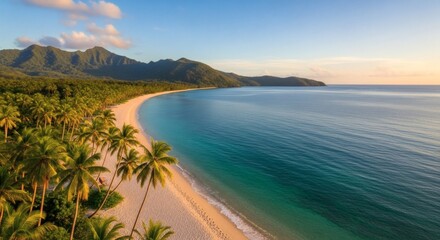 Tropical beach with palm trees white sand turquoise water and green mountains