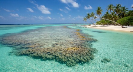 Turquoise water surrounds a coral reef with a sandy beach and palm trees
