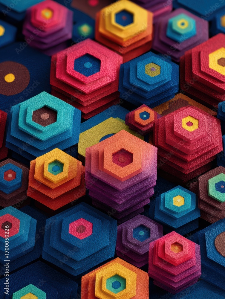 Poster colorful hexagonal shapes arranged in an artistic pattern showcasing depth and texture in vibrant co