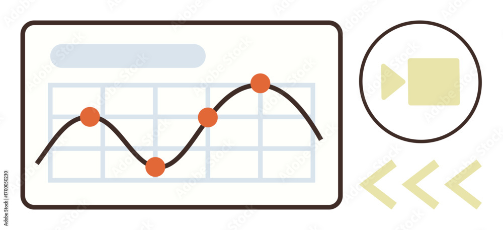 Poster chart with line graph and orange data points, video play button, arrows denoting flow. ideal for ana