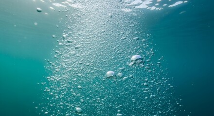 Underwater view of rising bubbles against a teal background with sunlight