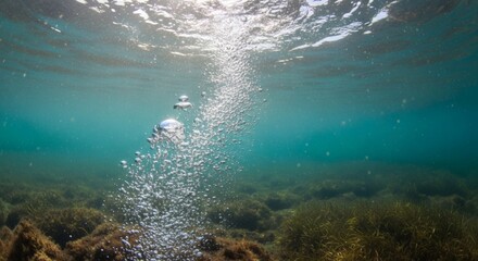 Underwater view of seaweed bubbles rising and sunlight filtering through the ocean surface