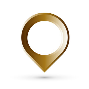 Golden 3D location pin icon with shadow on a white background. Modern glossy map pointer symbol, perfect for GPS navigation, travel, tourism, business location services. Vector Illustration concept