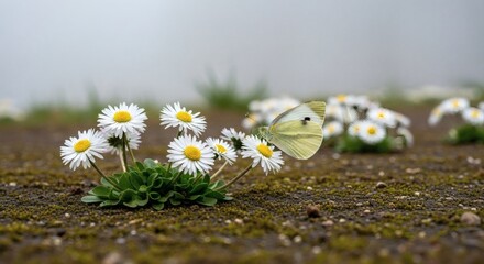 White daisies with a pale yellow butterfly on mossy ground