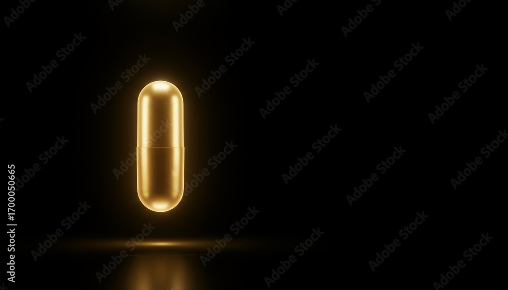 Poster minimalist concept of a single glowing golden capsule in an upscale presentation against a black bac
