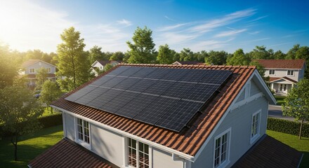 Solar Power Rooftop Installation Symbolizing Clean Energy, Sustainability, and Environmentally Conscious Suburban Living