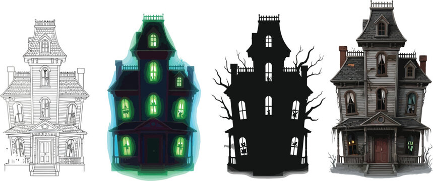 Vector art of haunted house in different style for halloween celebration and spooky atmosphere in october