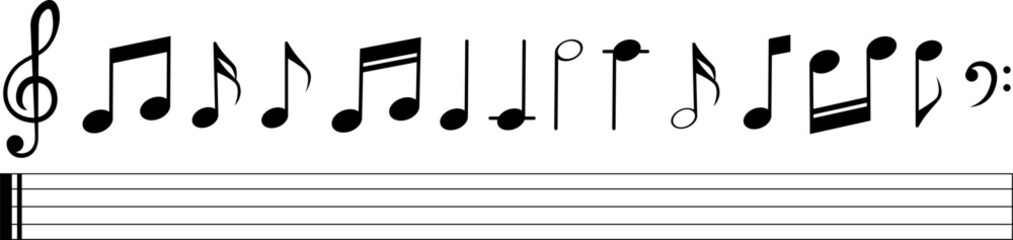 Fototapeta na wymiar Musical notes and clef symbols with staff isolated on transparent background. Vector EPS 10