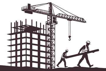 Construction workers carrying materials near a building under construction with a crane.