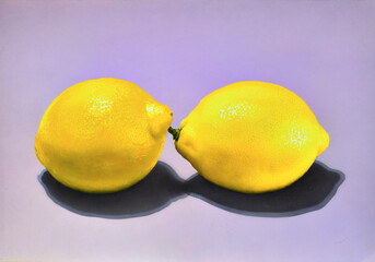 Airbrush Illustration aus den 1990er Jahren, mit zwei Zitronen auf lila Hintergrund