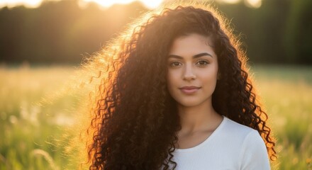 Woman with long curly hair in a field at sunset