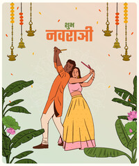 Happy Navratri calligraphy in Hindi with an Indian couple celebrating the garba festival vector illustration 