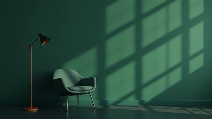 3D rendering of an armchair and floor lamp against the background of a dark green wall