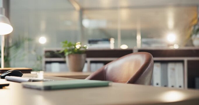 Keyboard, mouse and tablet on wooden desk in workplace for after hours or break from financial business. Laptop, still life and technology on table in empty office for accounting or finance career