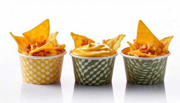 nachos with cheese sauce in paper cups on white background