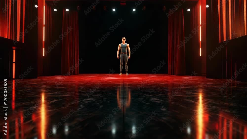 Poster a stage with red curtains and lights. the curtains are open and the stage is empty