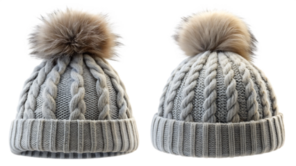 Two grey knitted winter hats with fluffy pom poms isolated on a transparent background image