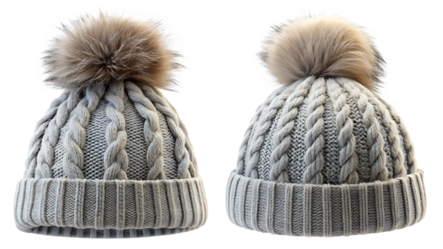 Two grey knitted winter hats with fluffy pom poms isolated on a transparent background image