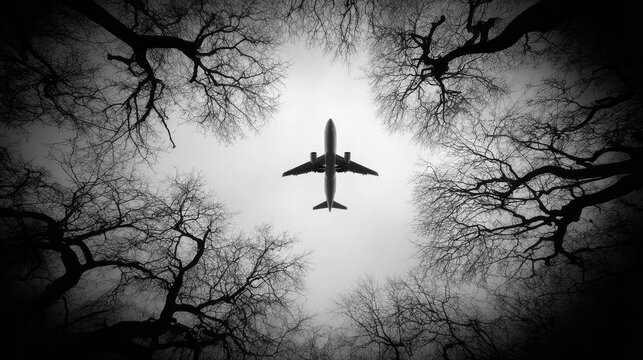 Airplane flying overhead through bare tree branches on a cloudy day