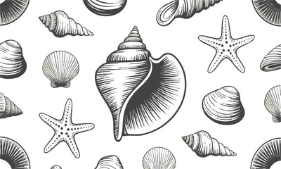 Seashells Seamless Pattern – Starfish, Clam, Spiral Shells, and Ocean Elements Vector Design, easily editable and scalable.