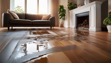 stunning photo of close up of a flooded living room floor from a water leak highlighting the damage to furniture and flooring