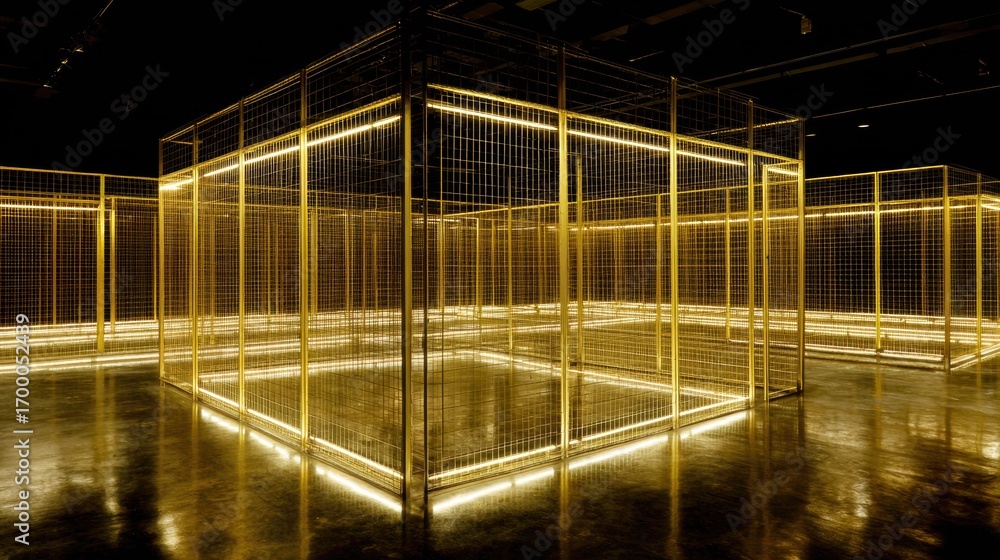 Poster contemporary art installation featuring golden wireframe structures illuminated by soft lights in a 