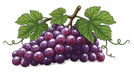 Fototapeta premium Freshly picked purple grapes with vibrant green leaves create a stunning harvest scene perfect for healthy eating campaigns or culinary illustrations and vineyard promotions
