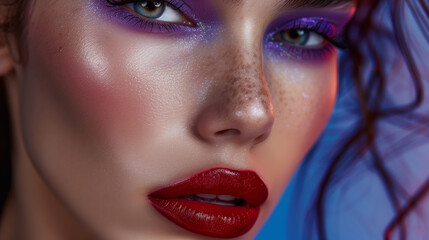 close up portrait of a model with freckles and vivid glamour makeup