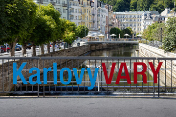 Sign Karlovy Vary on a Ohre bridge, Karlovy Vary, Czechia