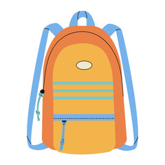 Isolated single element of sport schoolbag. Trendy design in flat hand drawn style. Yellow orange backpack with blue straps.