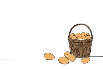 A single line drawing of a rustic woven basket tipped with fresh eggs spilling out, food object concept, farm-to-table minimalism and culinary vector art for National Egg Day celebration