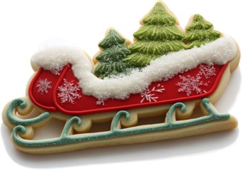 Christmas Rudolph's Sledding cookie, icing  gingerbread Designs isolated on transparent and white background. PNG