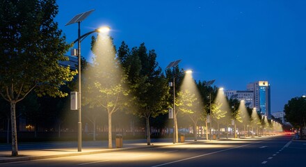 Solar Power Streetlights Glowing at Night Symbolizing Clean Energy, Safety, and Modern Urban Technology