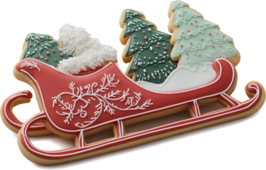 Christmas Rudolph's Sledding cookie, icing  gingerbread Designs isolated on transparent and white background. PNG