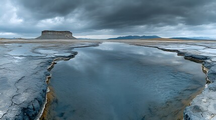 Flat topped mesa in a vast barren landscape with shallow water pools reflecting a cloudy sky