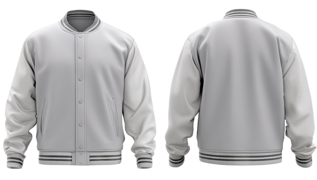 Light gray varsity jacket, front and back views