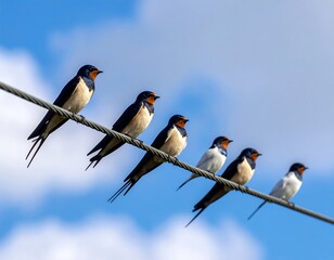 Five swallows perched on a wire against a bright sky