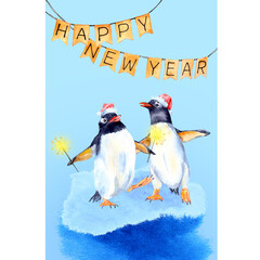 Two penguins celebrate Christmas on an ice floe