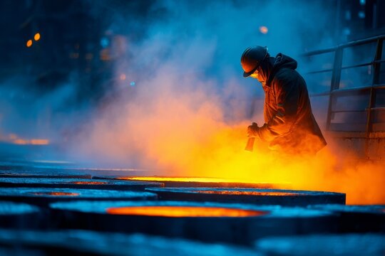 A worker skillfully pours molten metal into molds at a foundry, surrounded by vibrant colors and thick fog in the early morning Generative AI