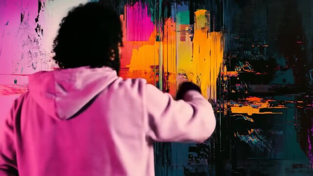 A hooded figure creating abstract expressionism artwork with vivid colors and digital glitch effects, demonstrating contemporary art techniques and creativity. - Powered by Adobe