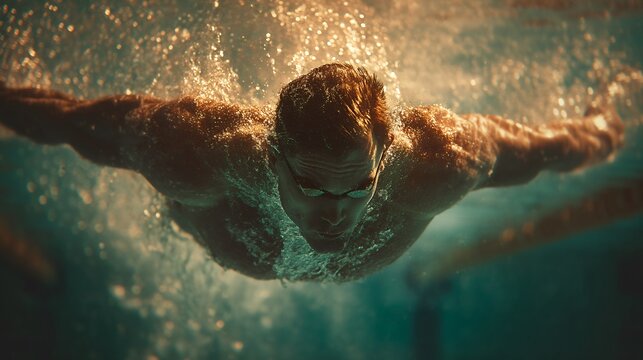 High diver mid-twist over pool with warm tones captured in a long exposure dramatic scene