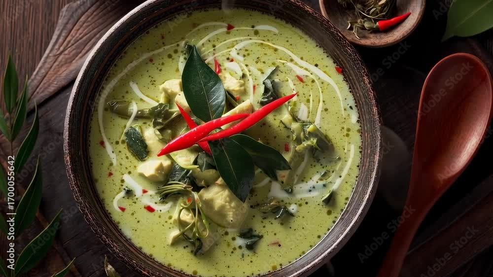Poster A bowl of green soup is sitting on a wooden table with a spoon resting on top of it. The soup is filled with a green broth and has a few pieces of chicken floating in it. The bowl is large and deep