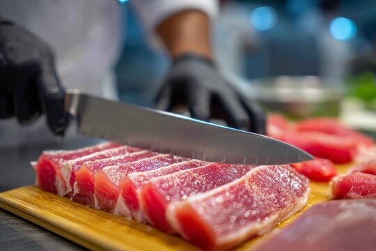 A chef wearing gloves sharpens his knife while slicing fresh red fish on a wooden board in a bustling kitchen setting at dusk Generative AI